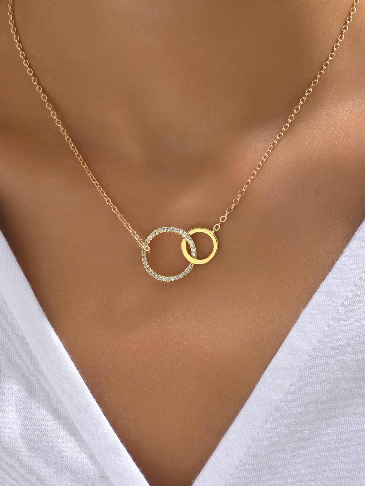 Necklace Stainless Steel Double Circle Pendant Thin Chain for Women Jewelry