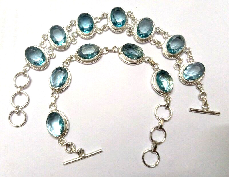 Aquamarine Gemstone Handmade 2 Bracelet 925 Sterling Silver Jewelry Size 7-8″