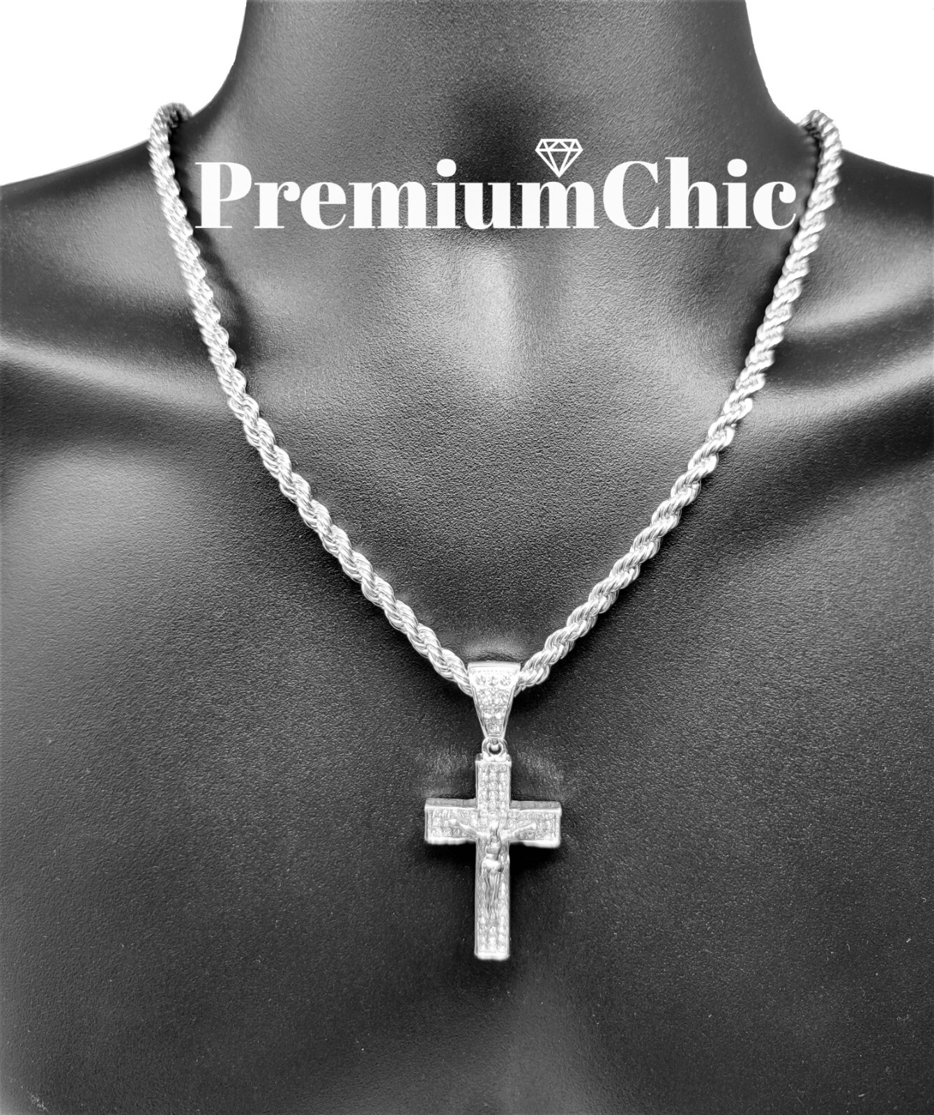 ICED Jesus Cross Pendant Necklace Choker with Rope Chain Mens Plated CZ Jewelry