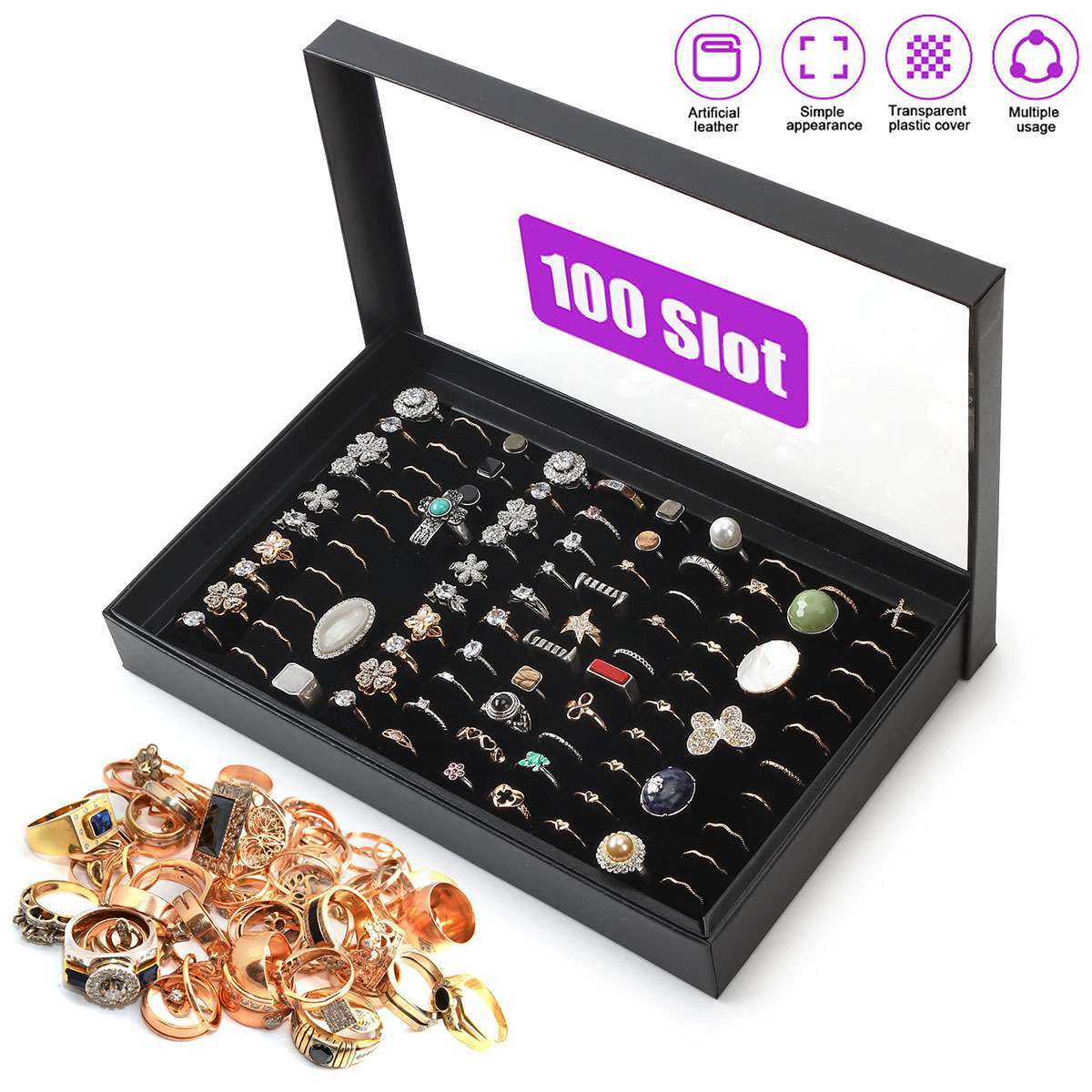2Pack 100 Slots Jewelry Ring Display Organizer Tray Holder Earrings Storage Case