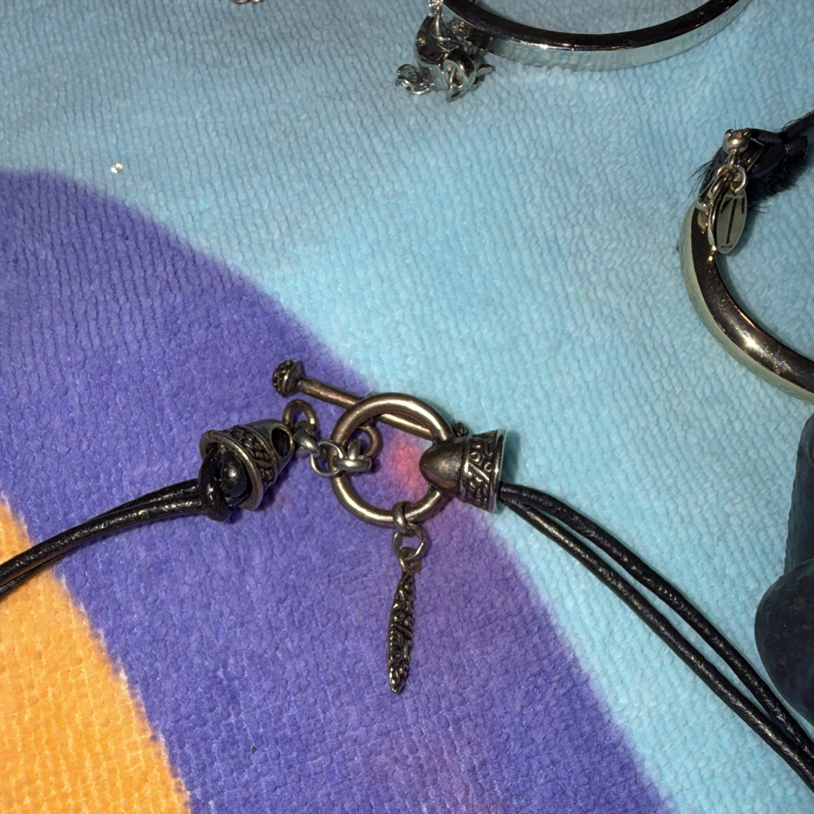 Black Leather Cord Necklace Silver Tone Spiral Asymmetrical Pendant Toggle