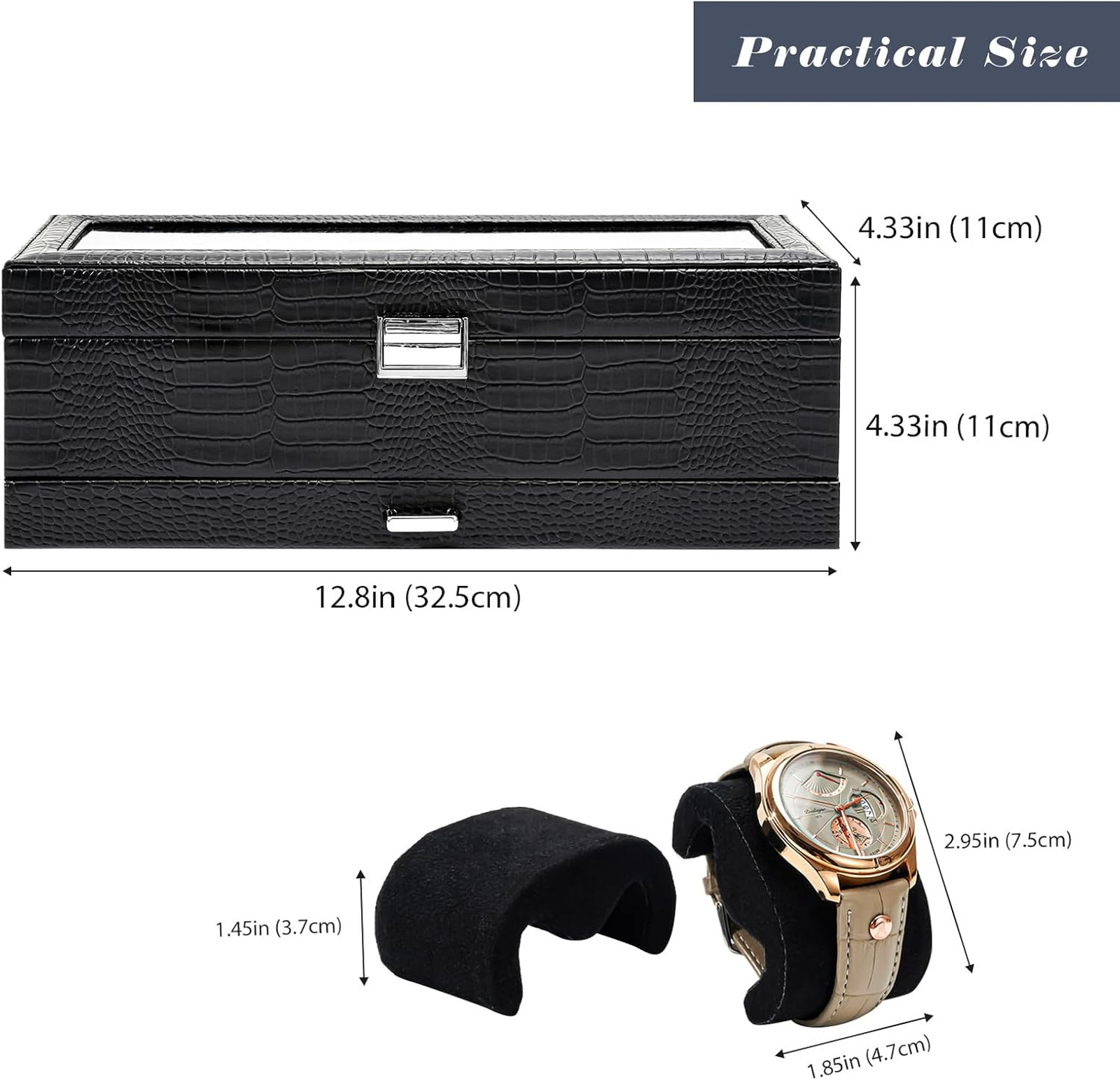 Watch Display Box with Drawer, Lizard Black PU Leather, 6 Slots, 2-Layer Jewelry