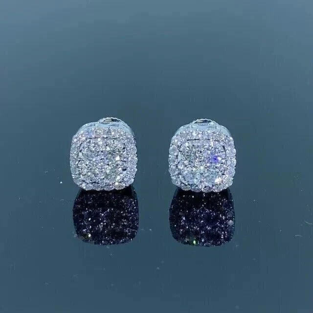 2Ct Round Cut VS1 Moissanite Men’s Cluster Stud Earrings 14K White Gold Plated