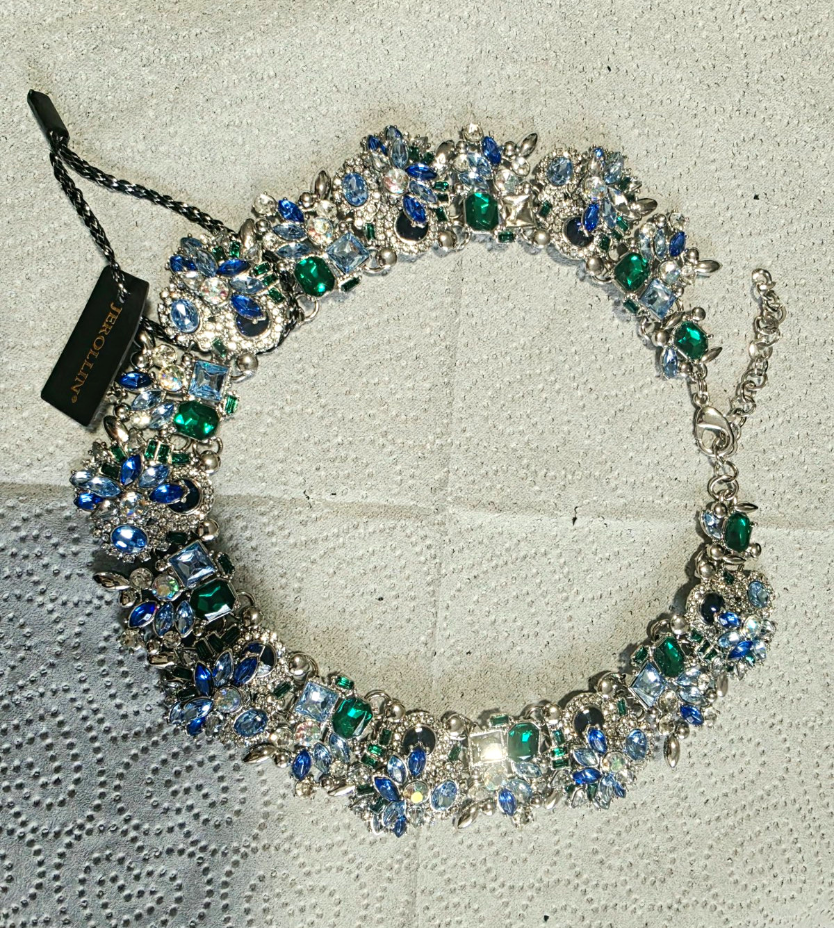 Ralph Lauren Silver Tone Blue Green Crystal Statement Choker Necklace Adjustable