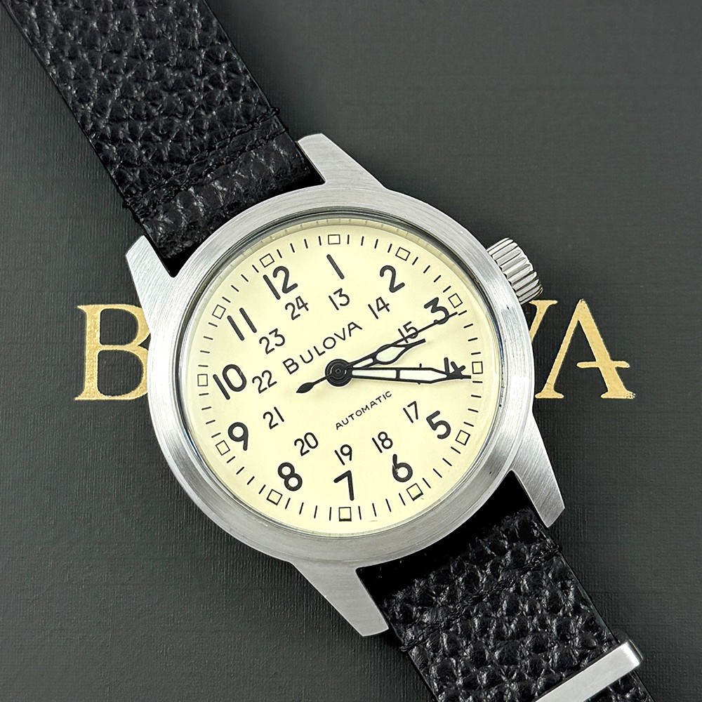 Bulova Men’s Hack Automatic Ivory Dial Black Leather Strap Watch 96A246