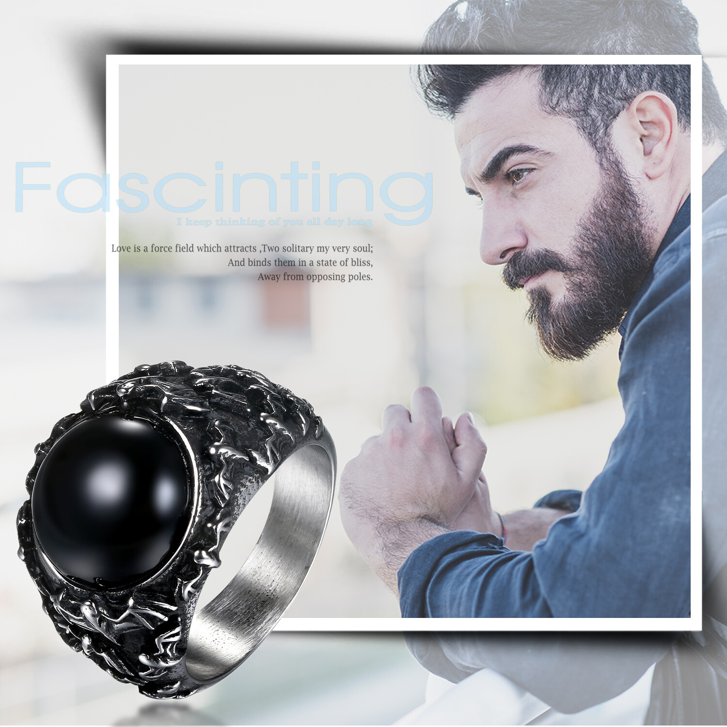 Men’s Gothic Vintage Casted Stainless Steel Bat Black Agate Band Ring Size 7-12