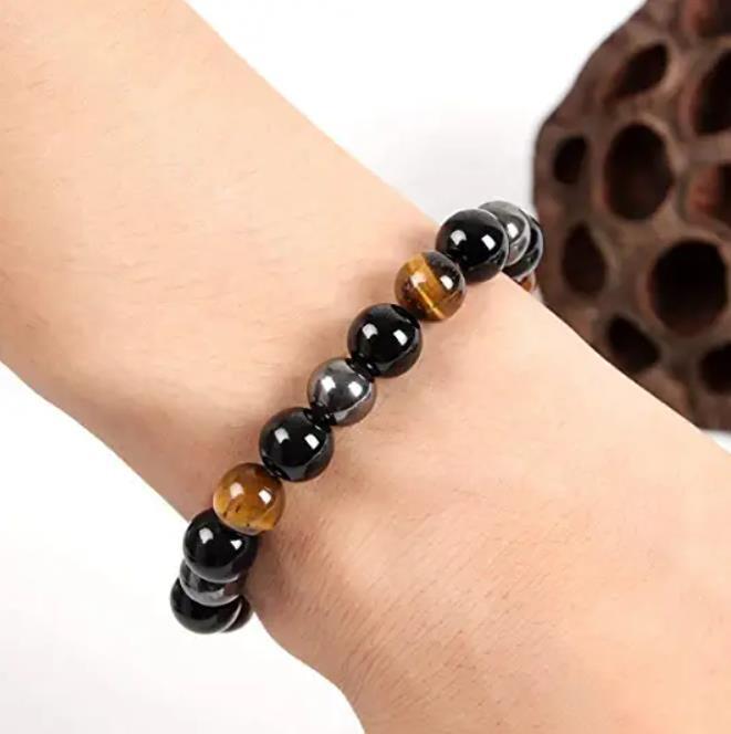 10mm Beaded Triple Protection Tiger Eye Obsidian Hematite Men Stretchy Bracelet