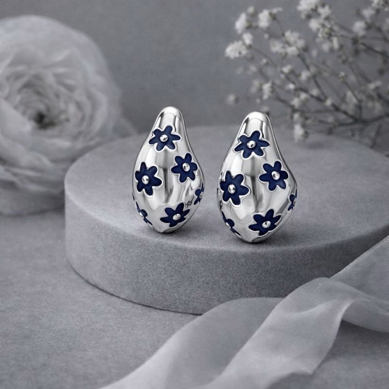925 Sterling Silver Enamel Flower Stud Earrings | Teardrop Floral Jewelry |