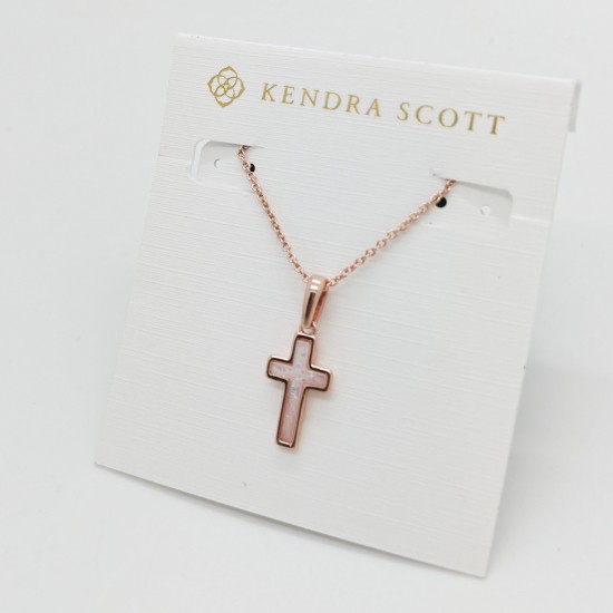New Kendra Scott Cross Rose Gold Pendant Necklace in White Opal