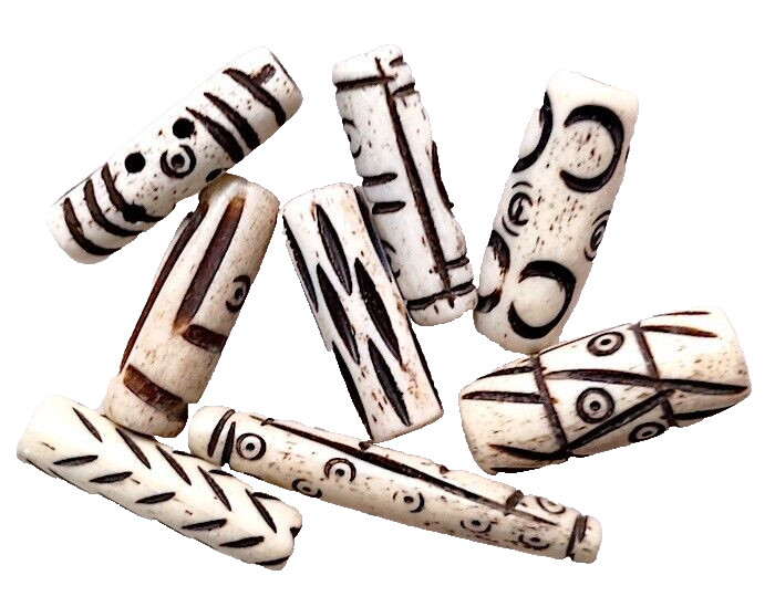 Buffalo Bone Beads, Asst Carved Designs, 8 Pcs, Apprx 23 mm, White, 2.5 mm Holes