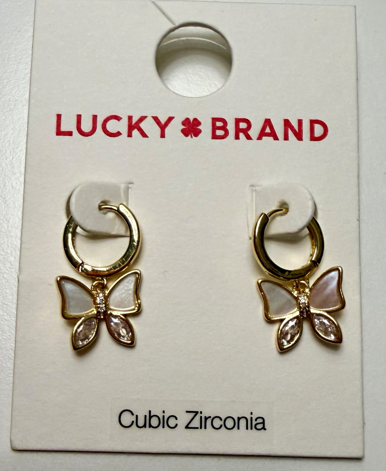 Lucky Brand Gold Tone Butterfly Dangle Hoop Earrings Clear Cubic Zirconia