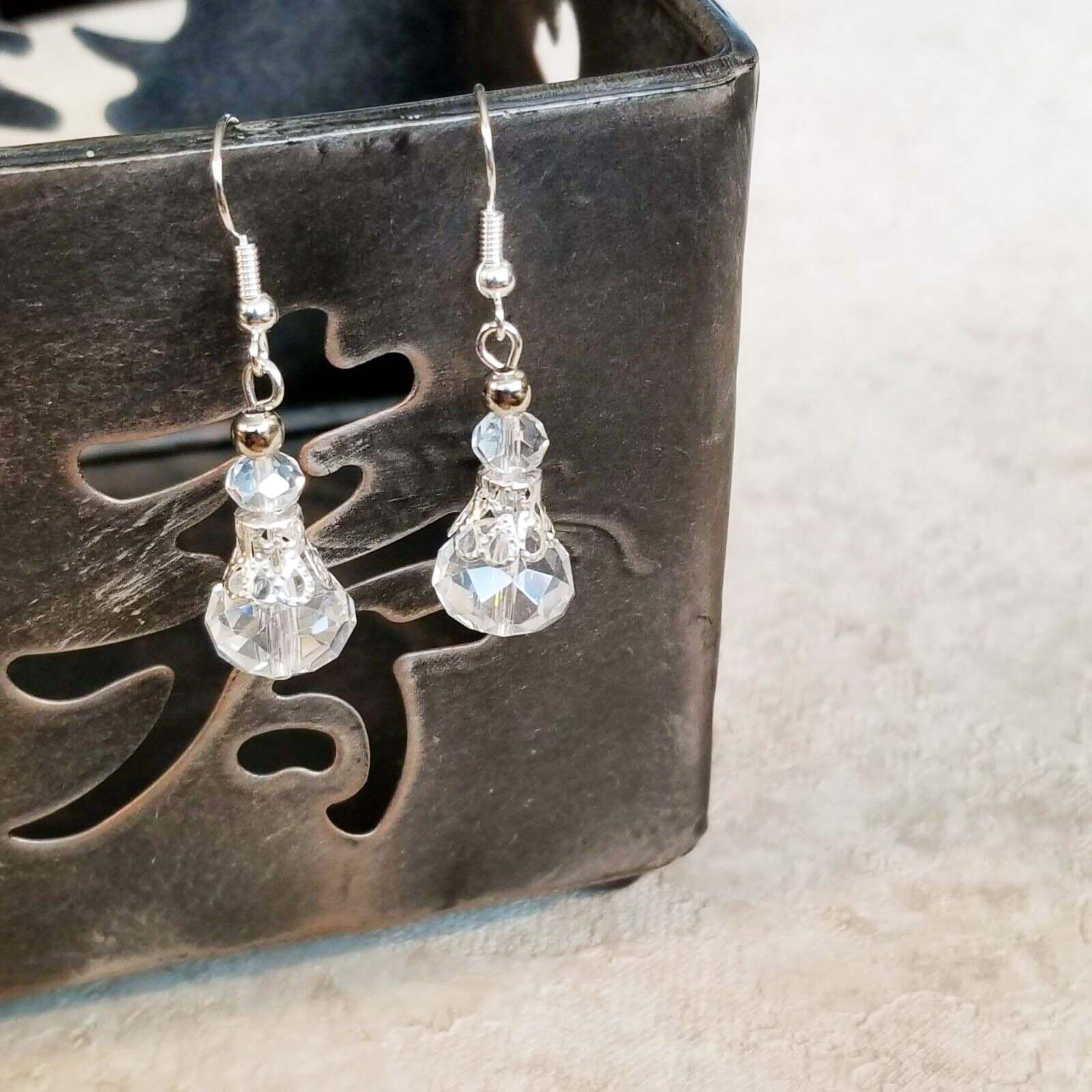 Handcrafted Victorian Clear Crystal Silver Filigree Basket Earrings