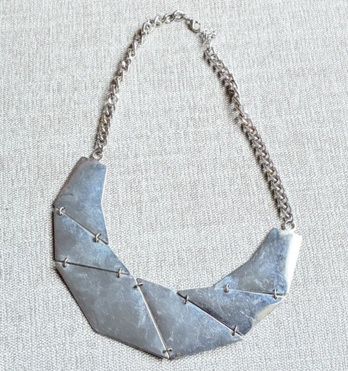 Silver Tone Geometric Statement Collar Necklace, Metal Cable Chain, Adjustable