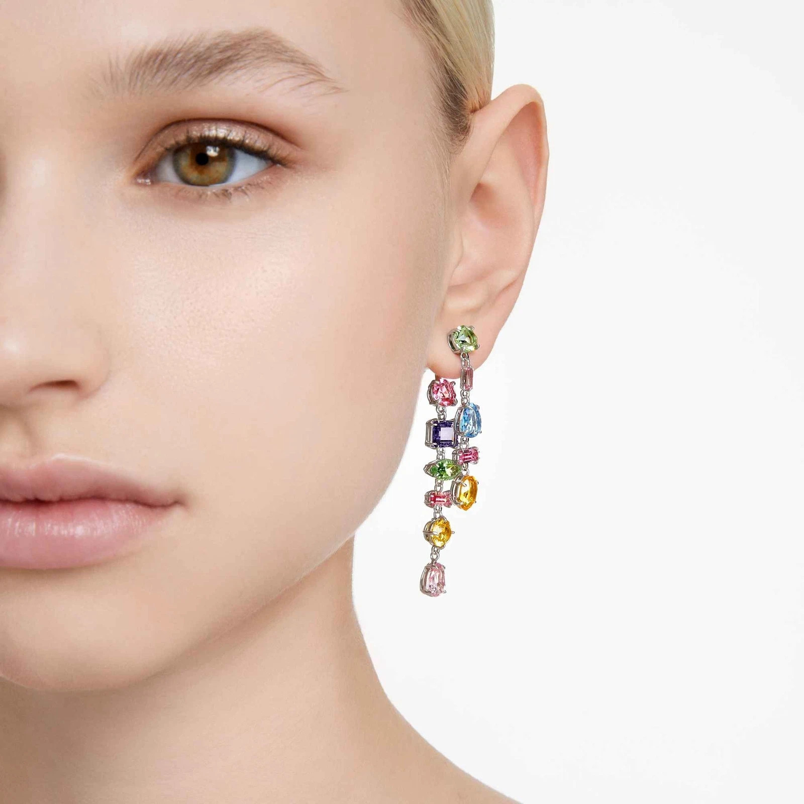Swarovski Gema Drop Earrings Asymmetrical Design, Mixed Cuts, Long, Multicolored