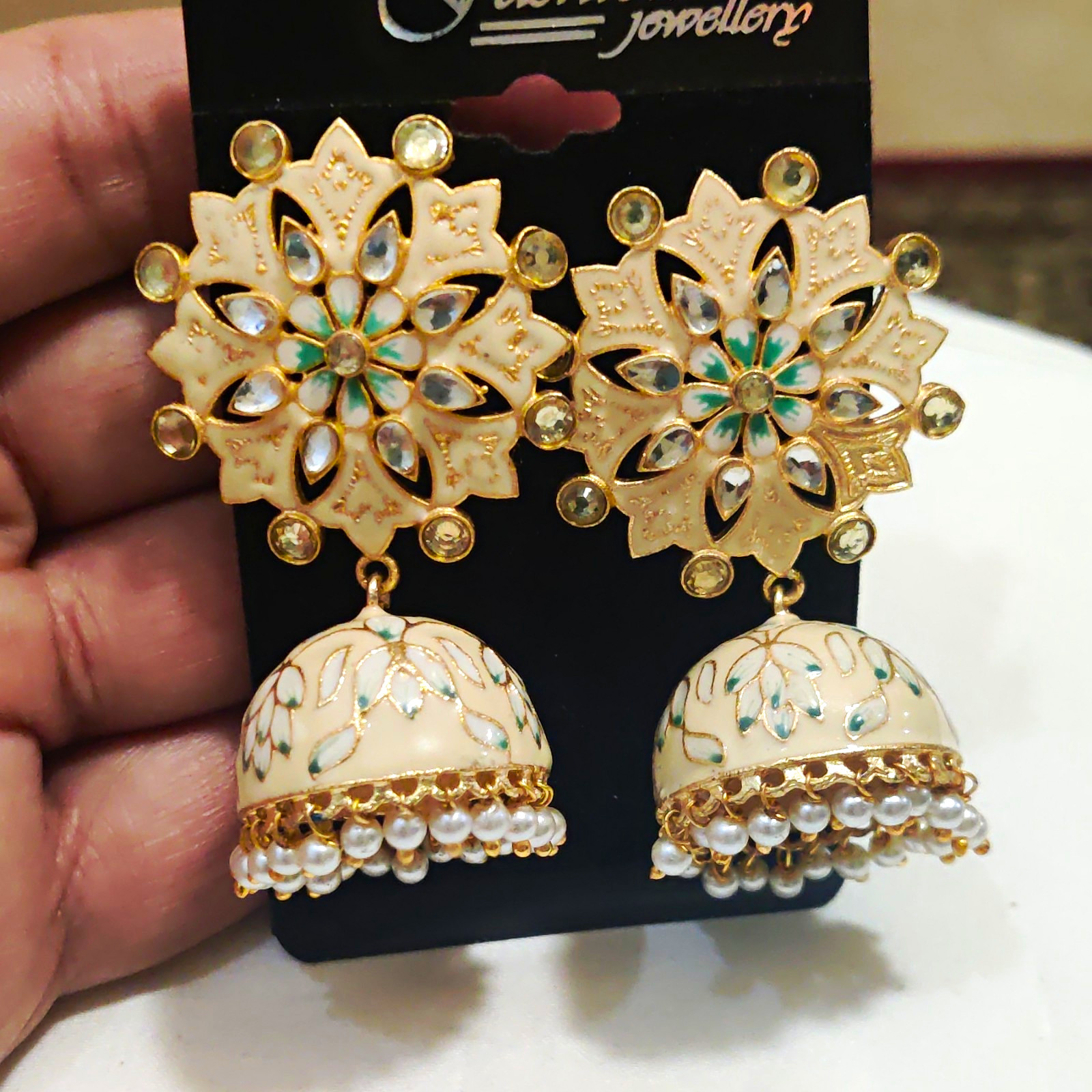 Gold Plated Flower Jhumka Dangle Earrings, Enamel Simulated Pearl Rhinestone