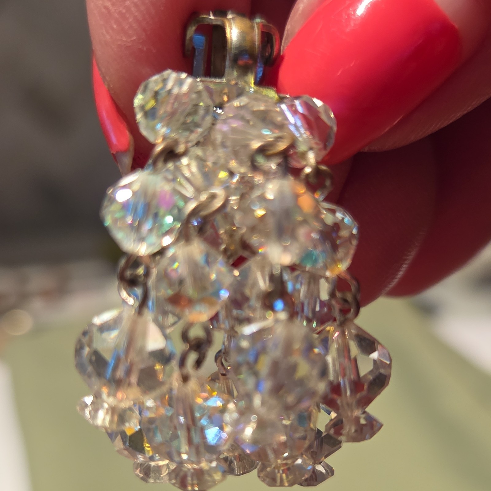 Clear Crystal Aurora Borealis Beaded Cluster Clip-On Earrings Round Stones