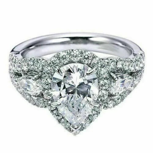2.00Ct Lab Created Pear Shape Diamond Halo Wedding Ring 14K White Gold Over
