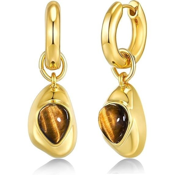Gold Tone Drop Hoop Earrings Women Simulated Stone Fashion Jewelry Gift Set Wear