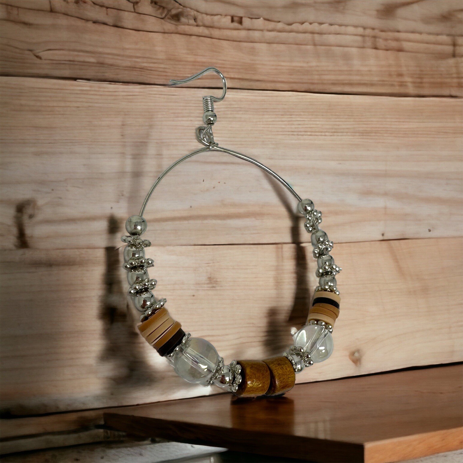 Silver tone boho hoop earrings handmade with wire and beads bohemian earrings