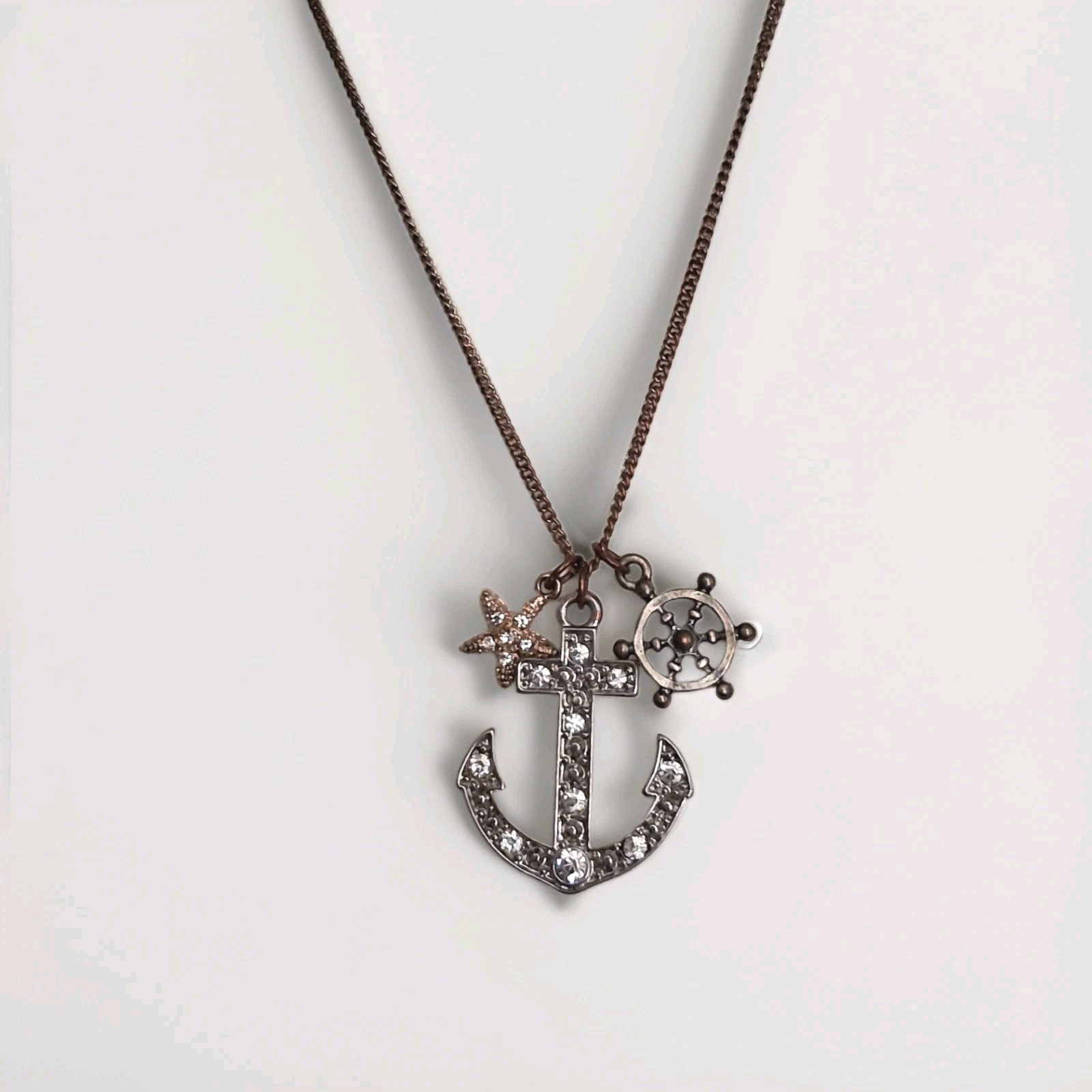 Silver Tone Crystal Anchor Charm Pendant Necklace, Adjustable Cable Chain