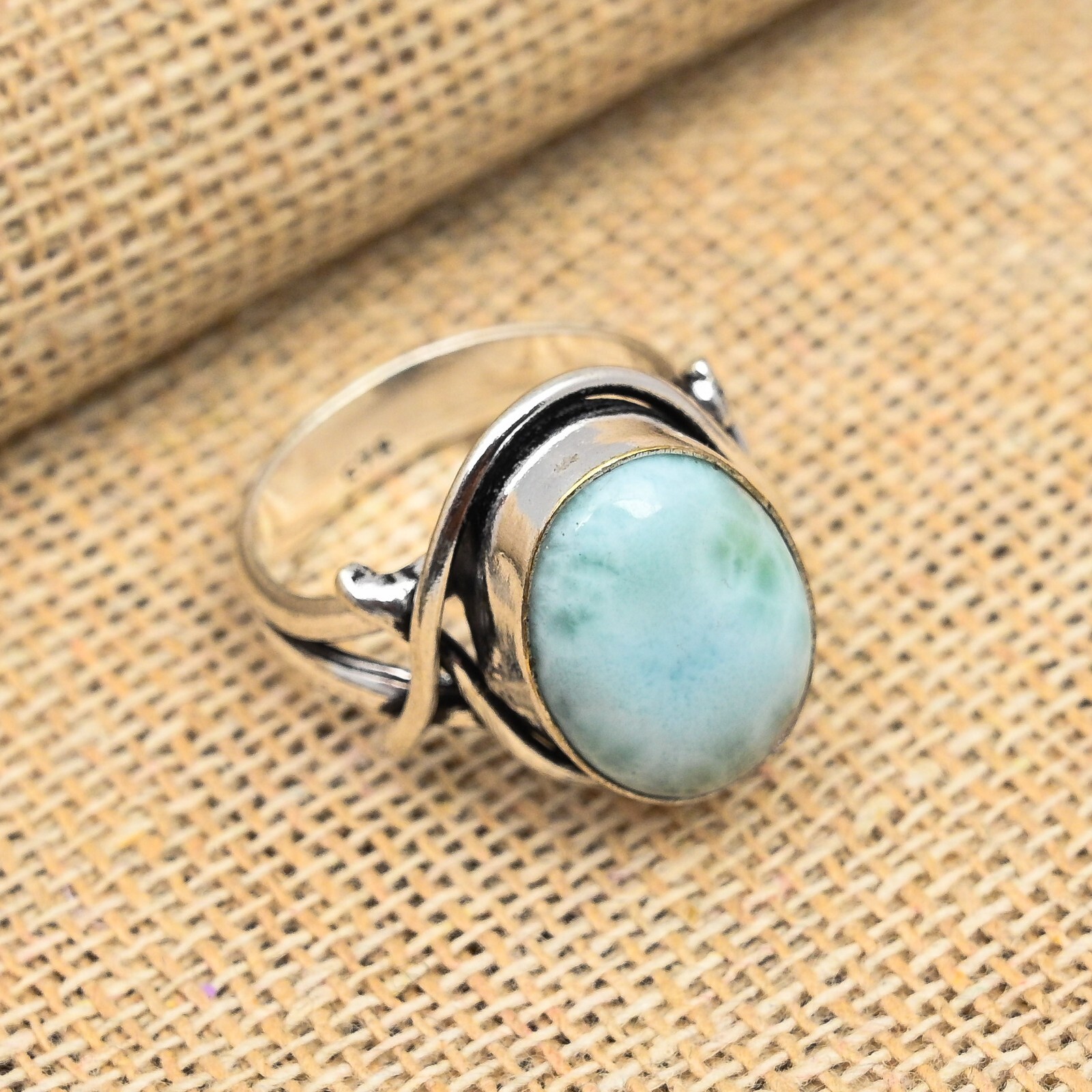 Larimar Gemstone Handmade Solid 925 Sterling Silver Ring Jewelry