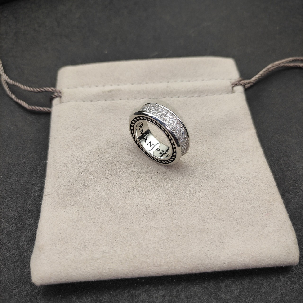 David Yurman Sterling Silver with Diamonds 8.5mm Pavé Three Row Band Ring SZ 8