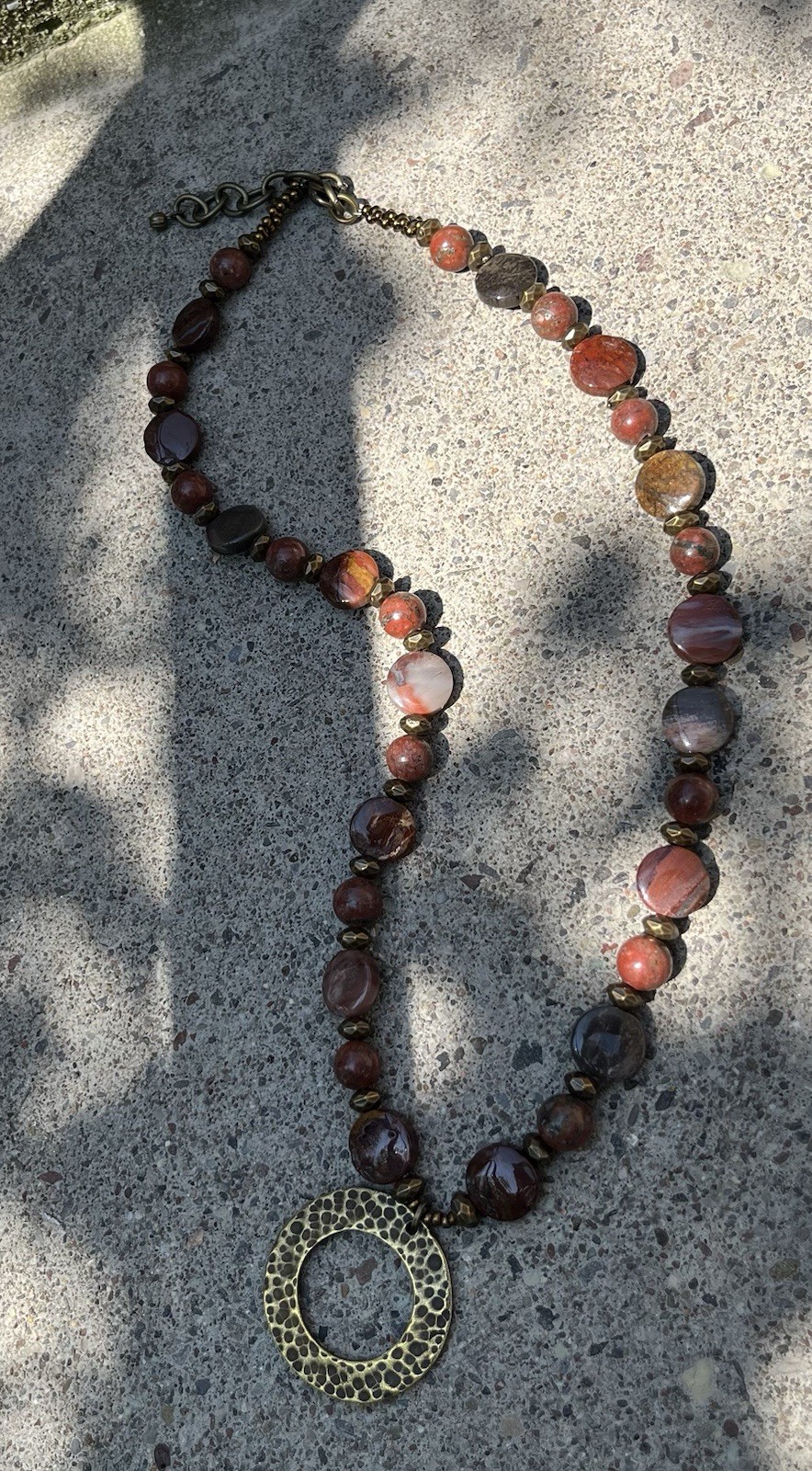 Mookaite Jasper Necklace with Brass Pendant, Red Jasper & Bronze Accents NEW 21″