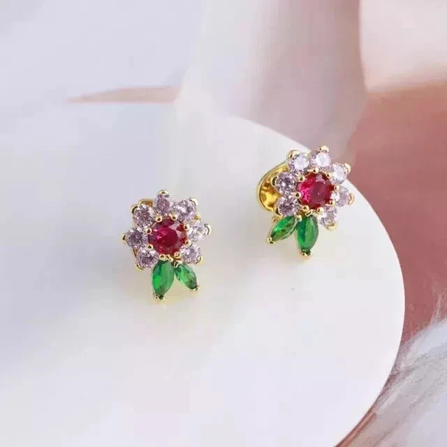 Round Cut Lab Created Red Ruby Women Flower Stud Earring 14K Yellow Gold Plated