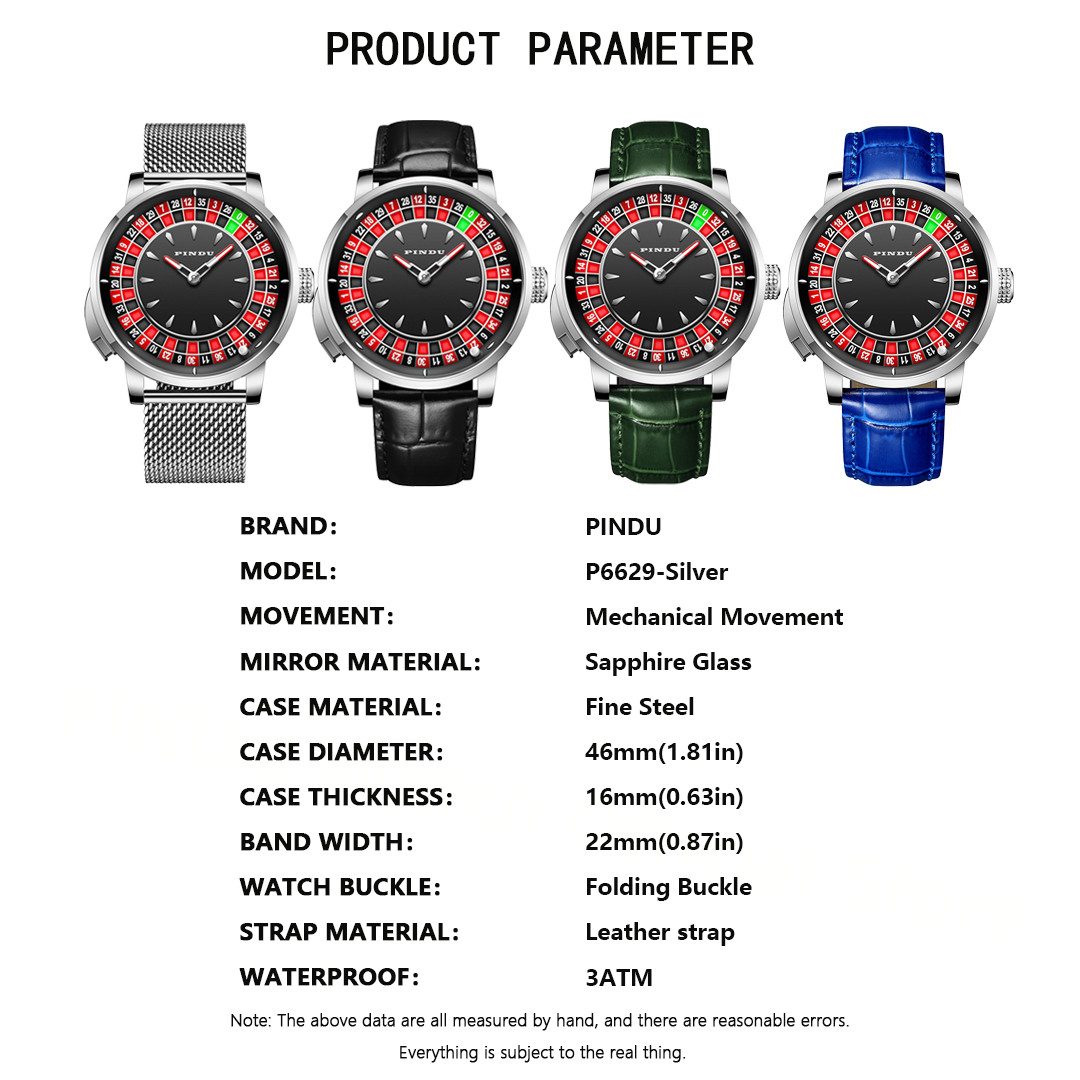 PINDU Men’s mechanical SILVER roulette button waterproof watch luxury fashion