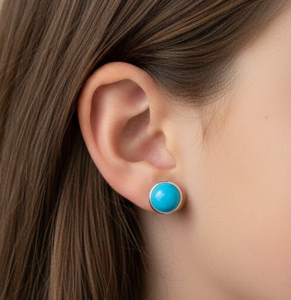 925 Solid Sterling Silver Sleeping Beauty Turquoise Round Shape Stud Earring