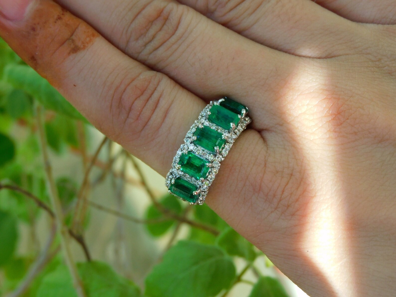 2.55 Ct Emerald Cut Natural Emerald & Diamond Ring 14K Solid White Gold Size 7