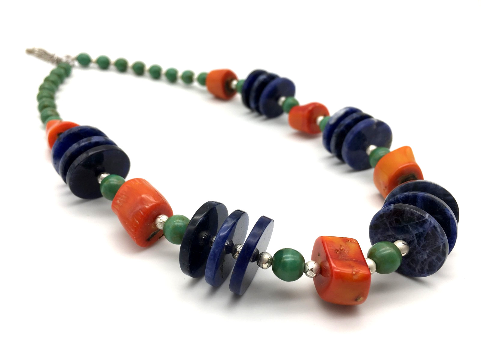 925 Lapis Discs Chalcedony Beads Coral Nuggets ST Etched Seed Beads 20″ Necklace