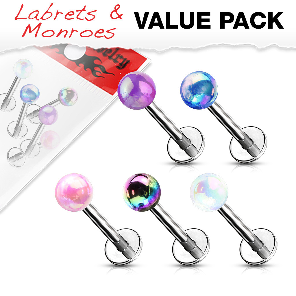4 Pc Pack Metallic Ball Top Labret Ear Cartilage Conch Tragus + 1 lip Retainer