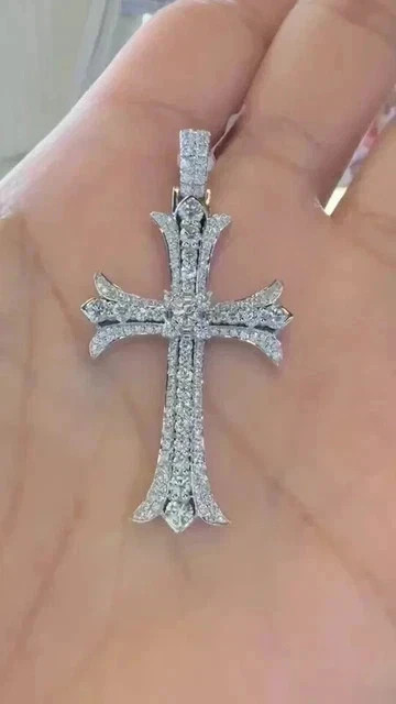 2 Ct Round Cut Real Moissanite Men’s Cross Pendant 14K White Gold Plated