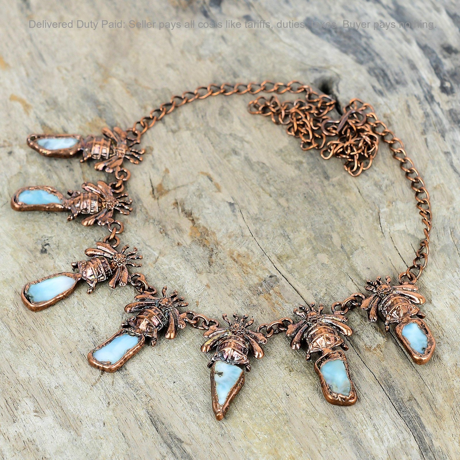 Natural Larimar Rough Wedding Electroformed And Honey Bee Chain Necklace Copper