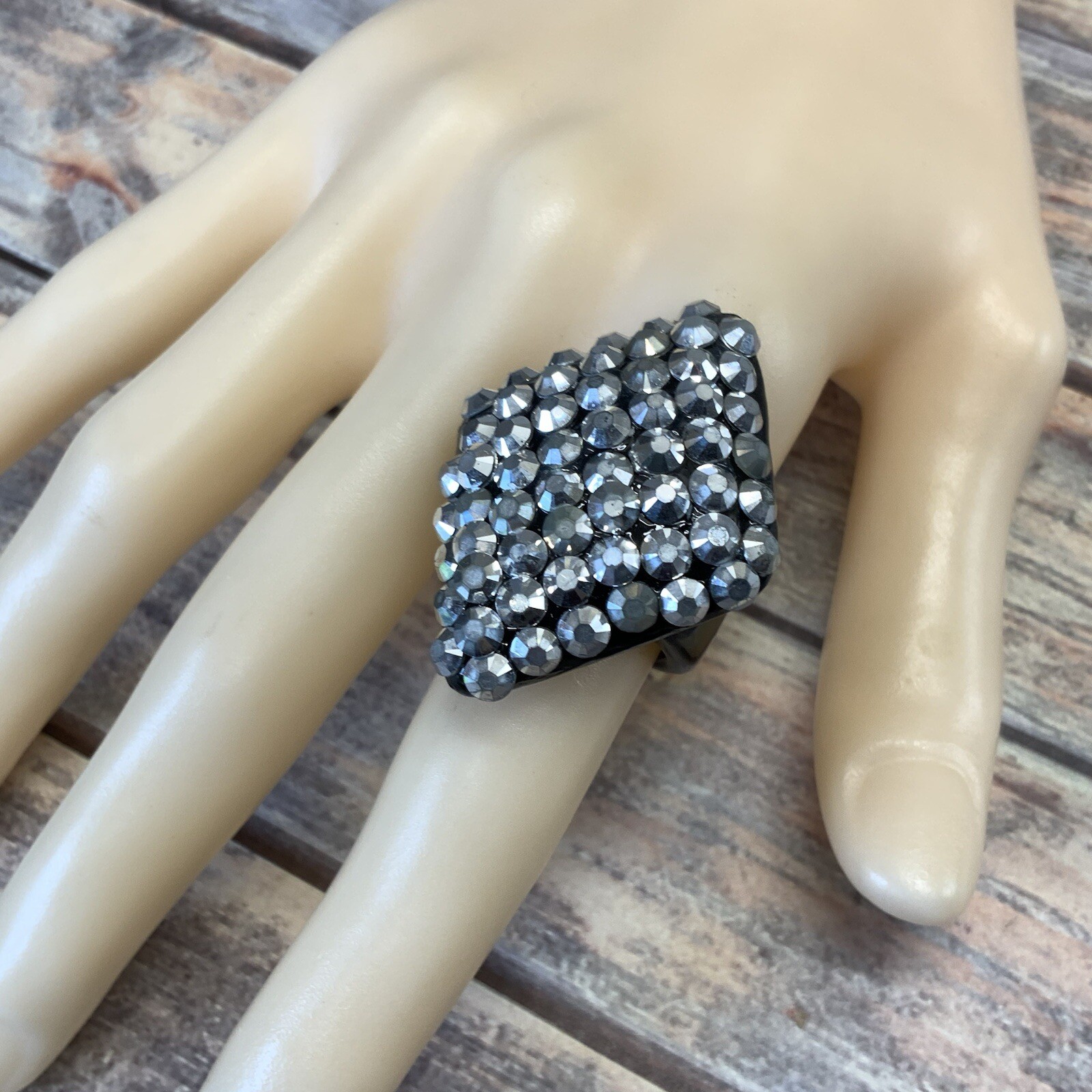 Large silver and black studded bling plastic ring size 7