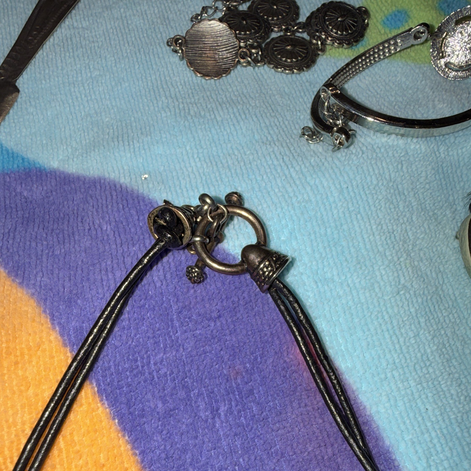 Black Leather Cord Necklace Silver Tone Spiral Asymmetrical Pendant Toggle
