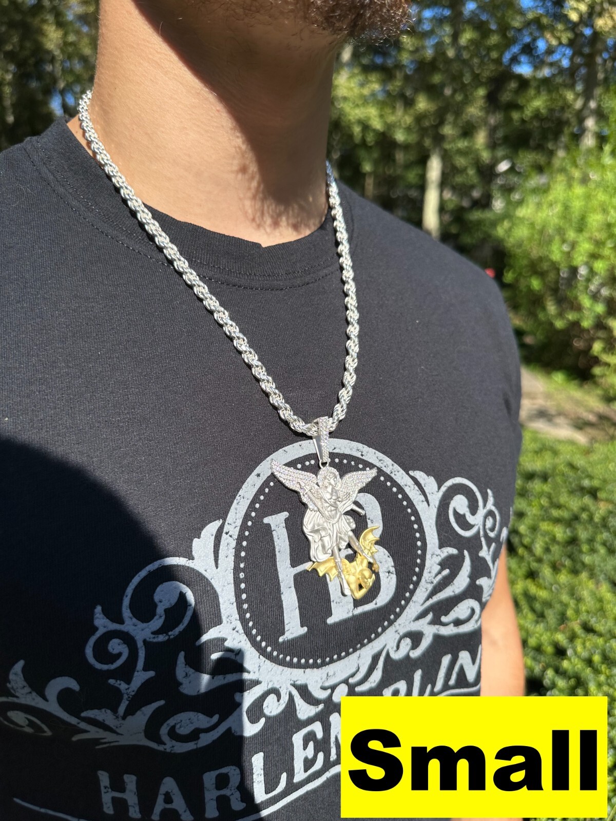 MOISSANITE St Michael Slaying Dragon Pendant 925 Silver & 14k Gold Necklace Iced