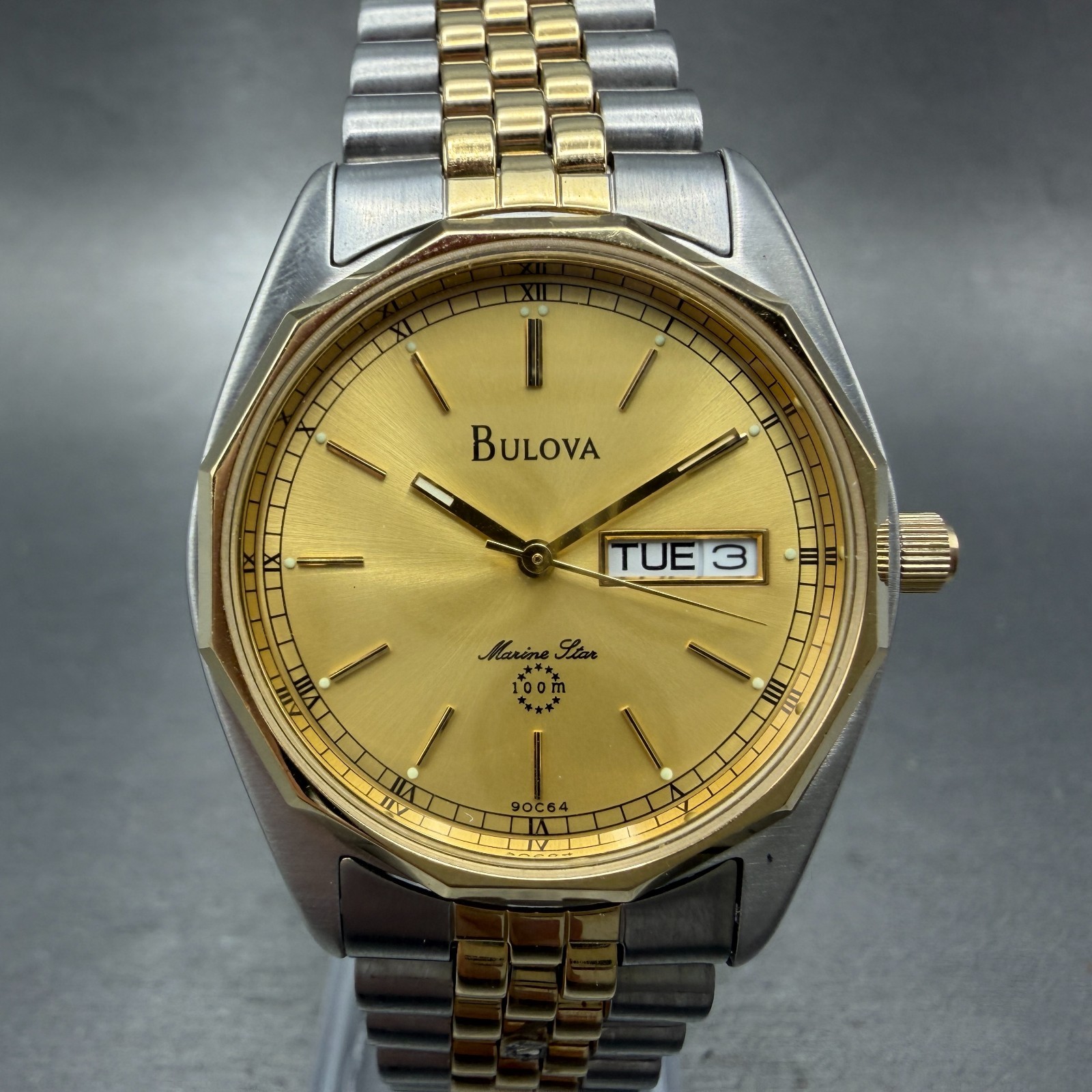 Bulova Marine Star Watch Men 35mm Champagne Dial Two Tone Daydate 90C64 NewBat H