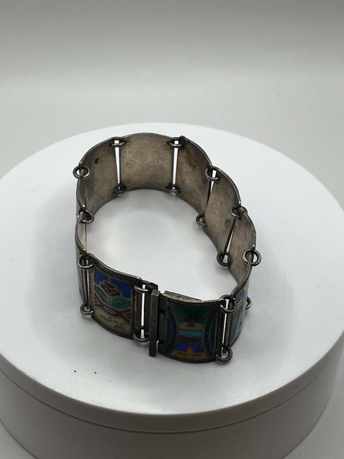 Vintage Mid-Century Peruvian 925 Sterling Silver Enamel Link Panel Bracelet 44g