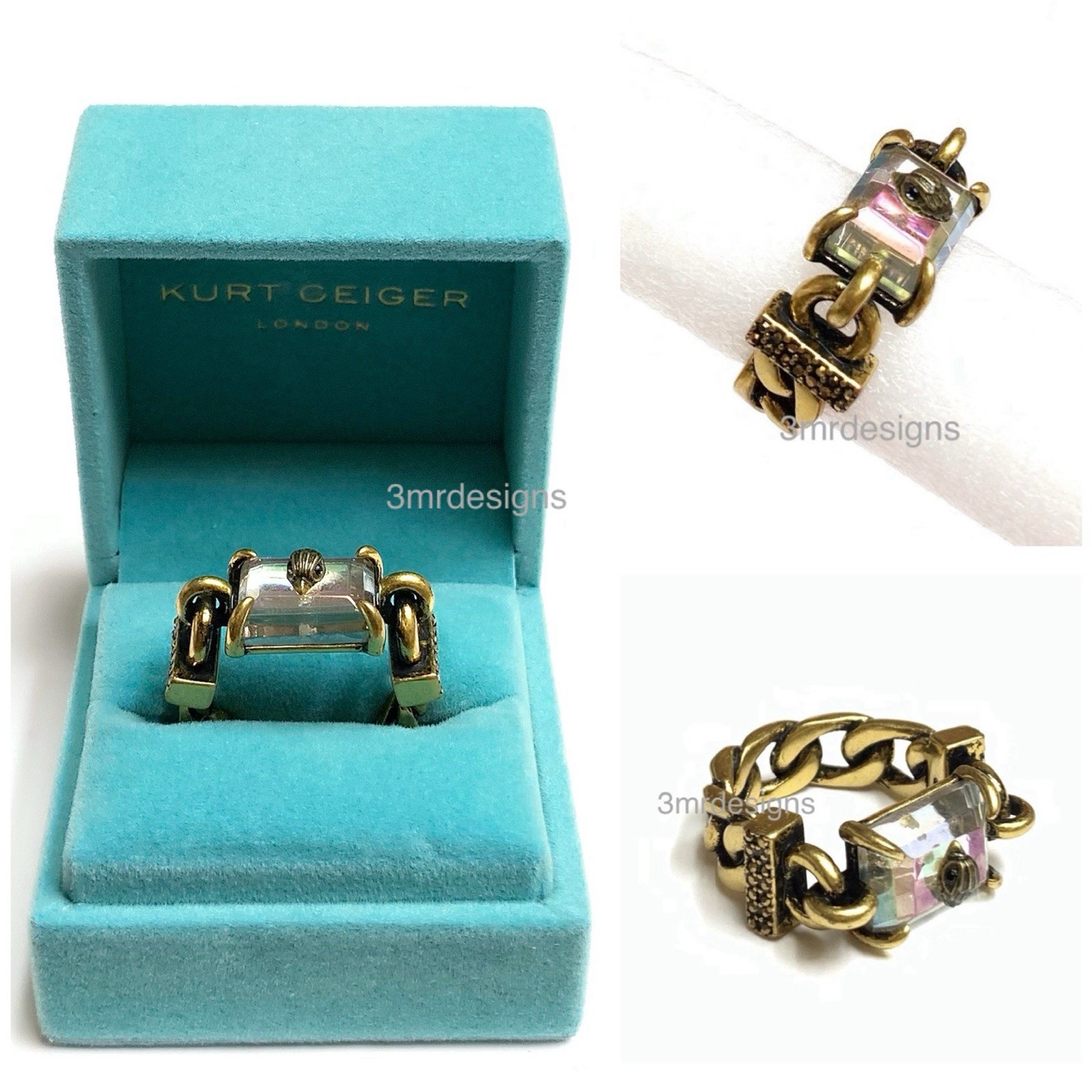 NIB KURT GEIGER EAGLE HEAD Antique Gold Tone Iridescent Crystal Ring-Sz.9