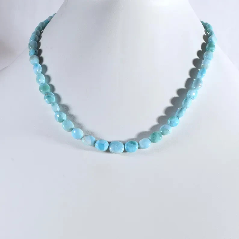 Natural Blue Larimar 4X6mm Beaded Necklace 925 Sterling Silver Handmade 18″ Gift