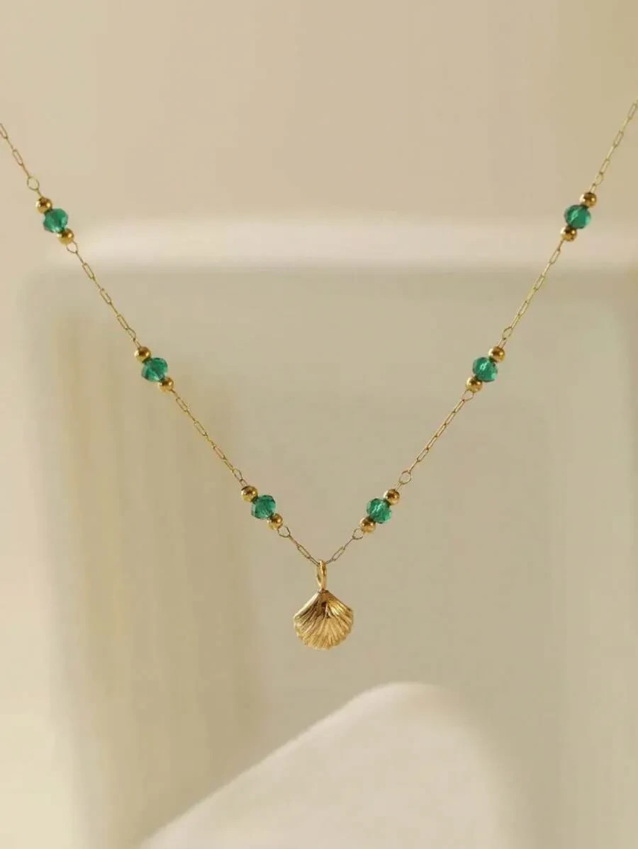 18K Gold Plated Seashell Emerald Bead Anklet Stainless Steel Women