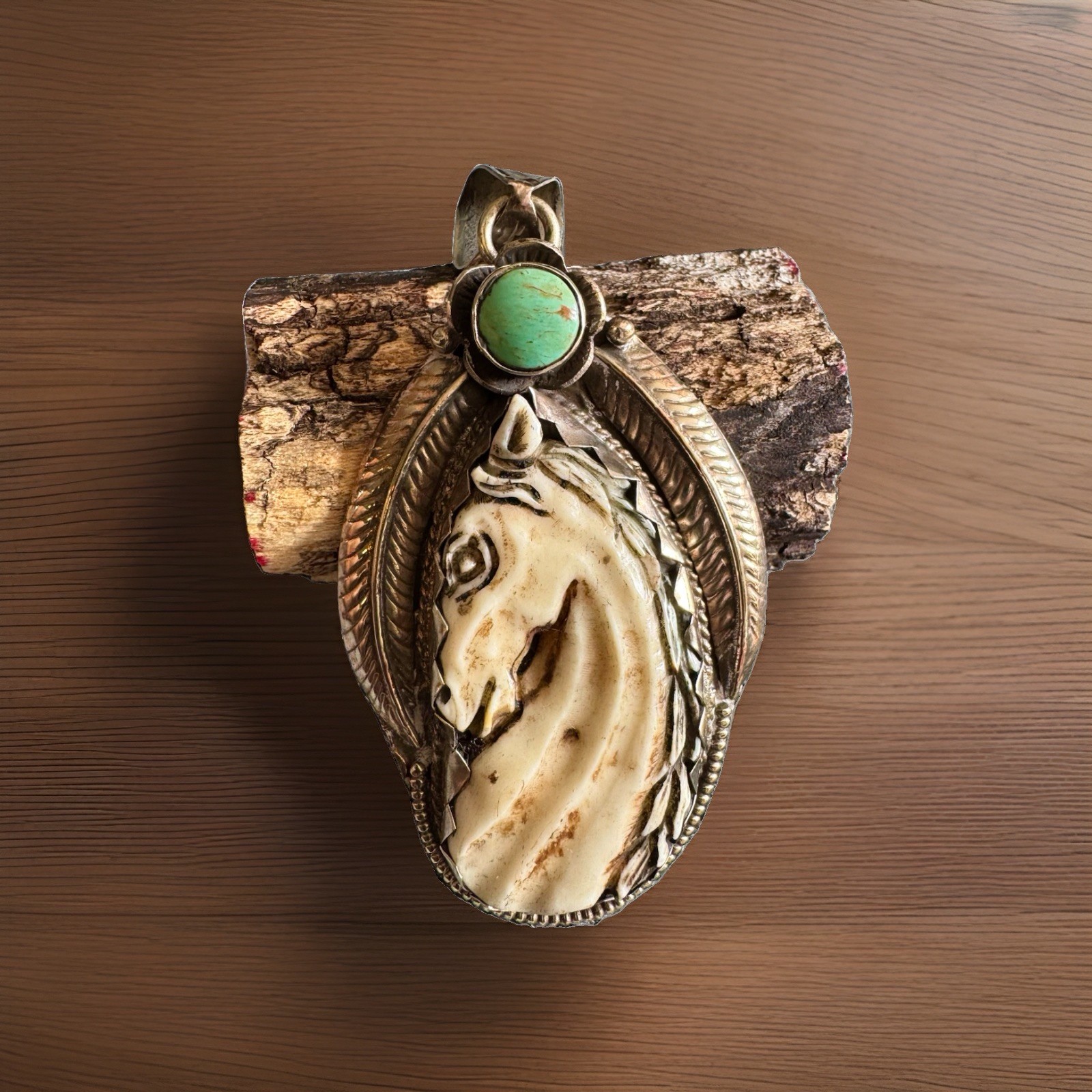 Hand Carved Bone Pendant,Horse Face Art,Floral Carving Back,Turquoise,Silver 32g