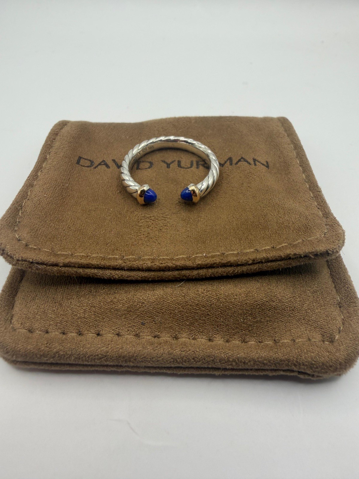 David Yurman Sterling Silver Petite Cable Open Ring W/ 14k Gold & Lapis Size 7