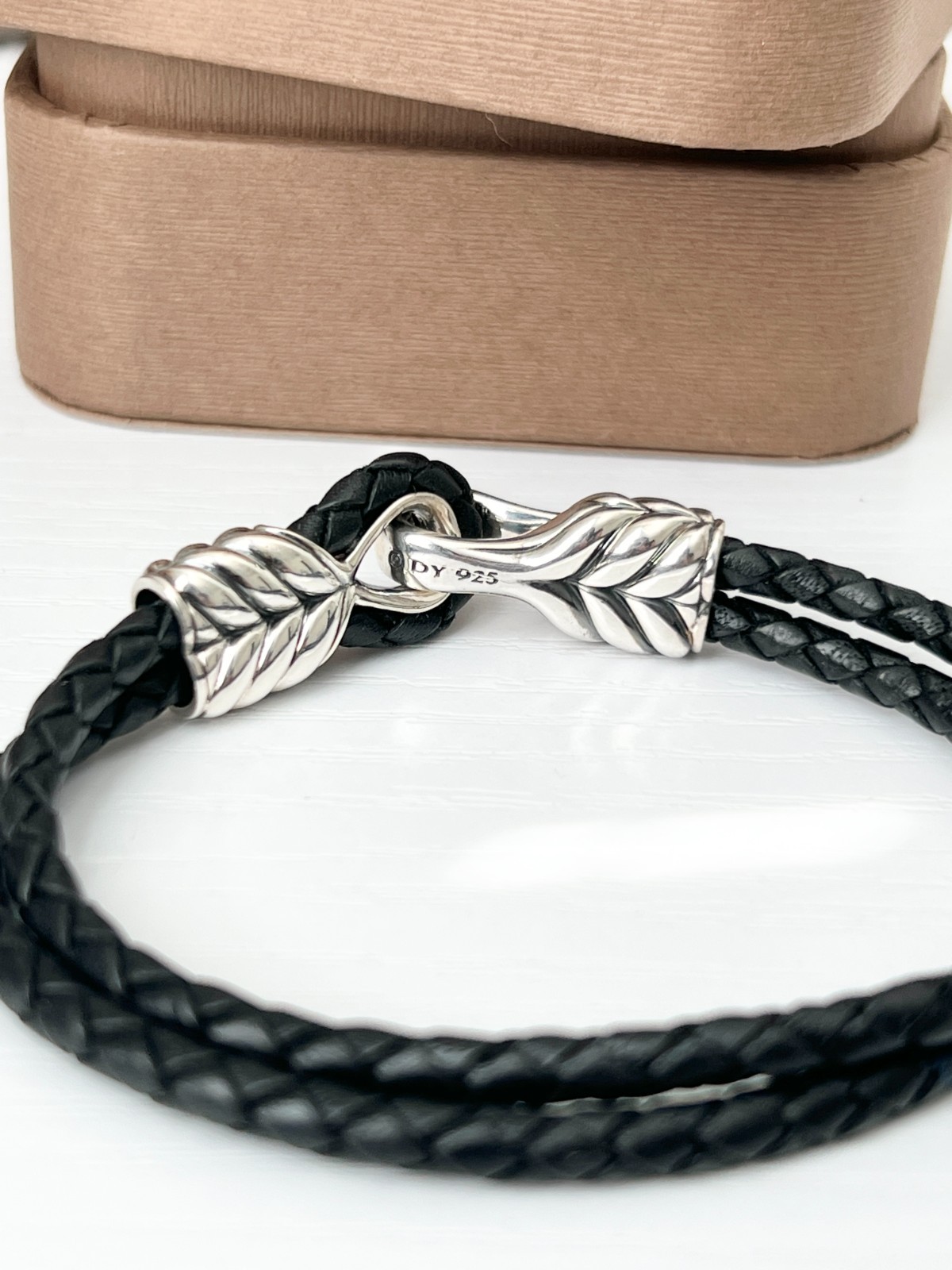 David Yurman Sterling Silver Black Leather Men’s Two Row Chevron Bracelet