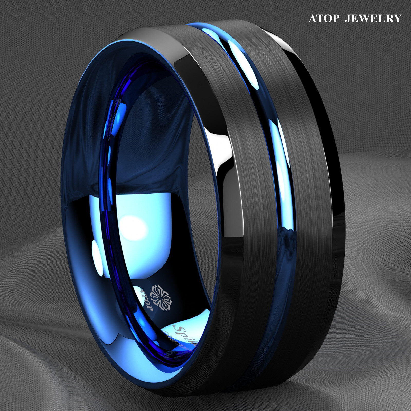 8/6mm Tungsten Men’s Ring Thin Blue Line-Inside Black Brushed Band ATOP Jewelry