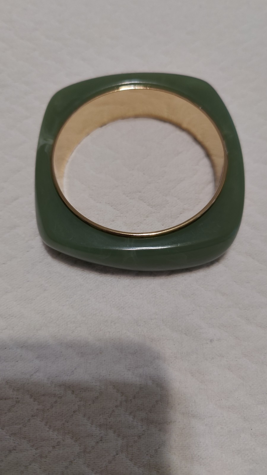 Vintage Jade-Like Green Stone Bangle Bracelet Gold Tone Lined Heavy Chunky