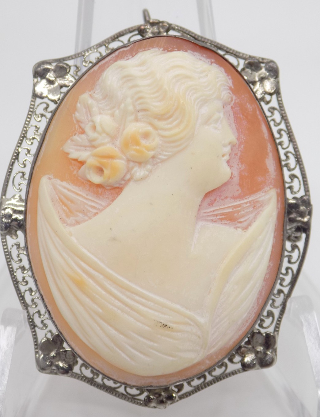 Antique 800 Silver Cameo Carved Maiden Filigree Floral Brooch Pin Pendant