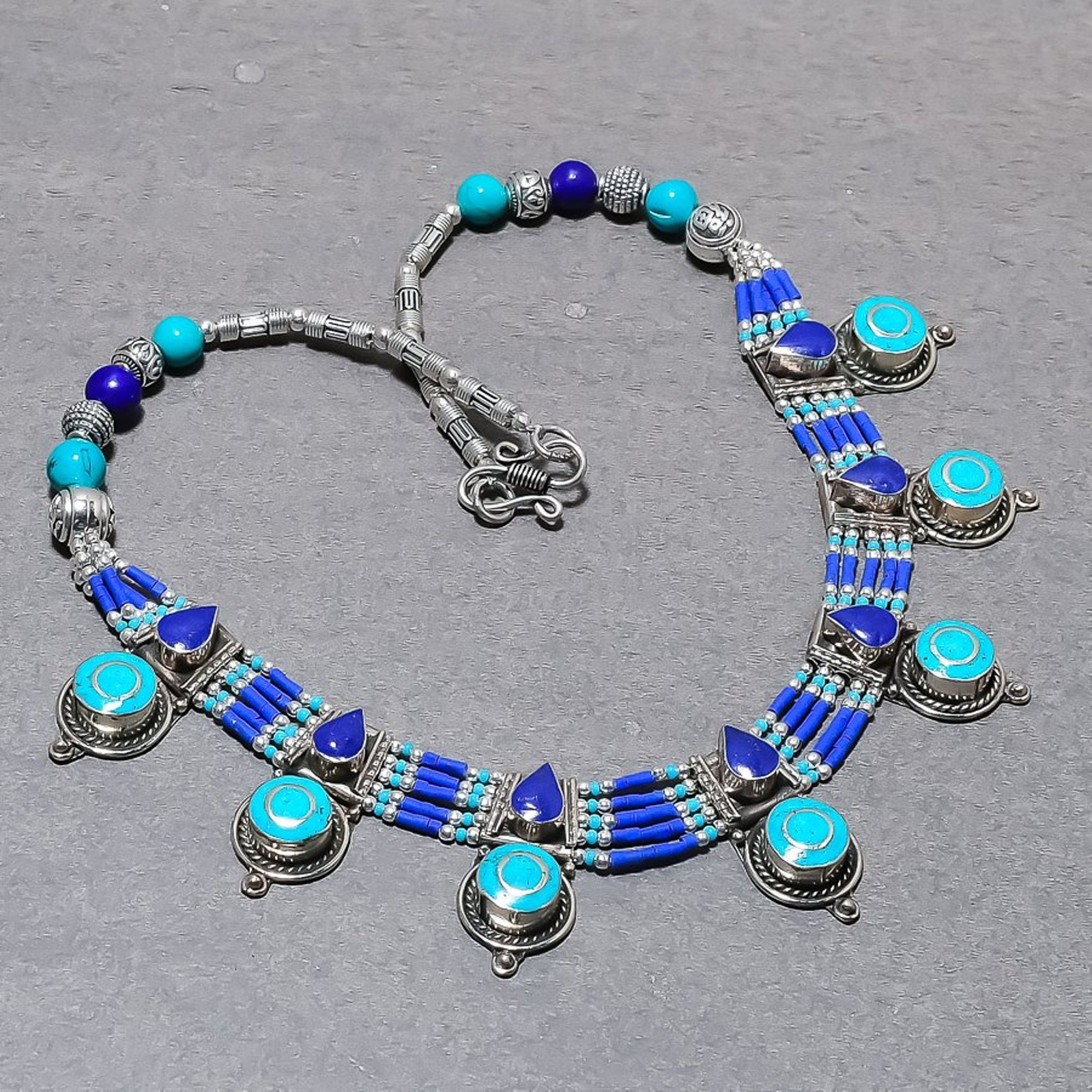 Turquoise Lapis Lazuli Gemstone Necklace Amazing Tibetan Nepali Jewelry 18″ N104